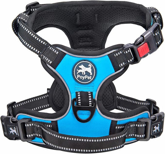 PoyPet No Pull Dog Harness, No Choke Front Clip Dog Reflective Harness, Adjustable Soft Padded Pet Vest with Easy Control Handle for Small to Large Dogs(Blue,L)