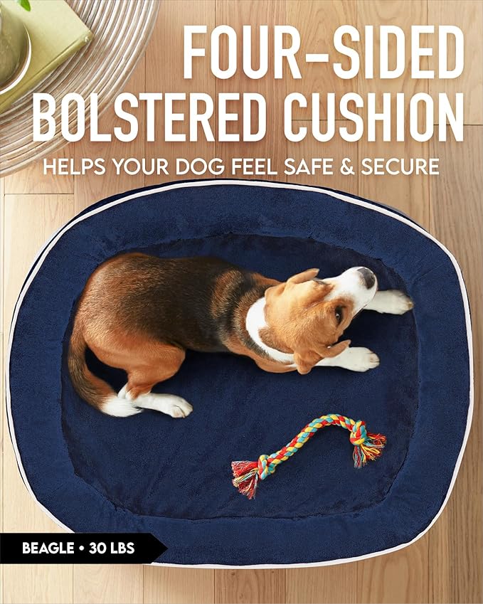 OhGeni Orthopedic Dog Bed for Large Dogs, Dog Couch Design with Egg Foam Support, Removable, Machine Washable Plush Cover and Non-Slip Bottom with Four Sided Bolster Cushion (Dark Blue)