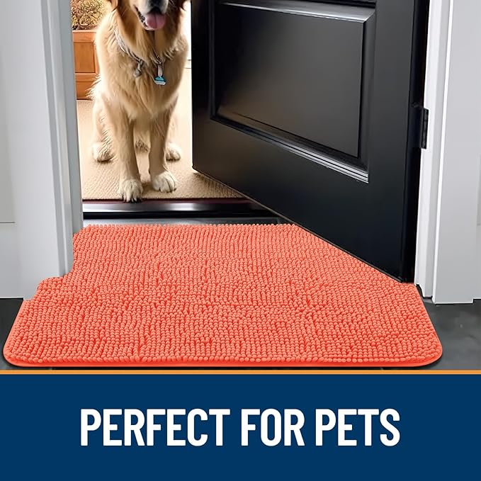 OLANLY Dog Door Mat for Muddy Paws 30x20, Absorbs Moisture and Dirt, Absorbent Non-Slip Washable Mat, Quick Dry Chenille, Mud Mat for Dogs, Entry Indoor Door Mat for Inside Floor, Coral