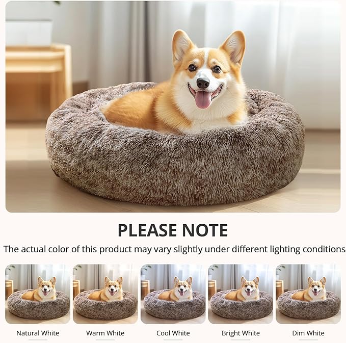 JOLLYVOGUE Dog Bed Cat Bed, Anti-Anxiety Small Dog Bed, Calming Donut Dog Bed for Puppy, Cozy Cat Bed, Fluffy Dog Beds for Small Dogs, Washable Round Puppy Bed for Indoor Pets (20"/Smoke Brown