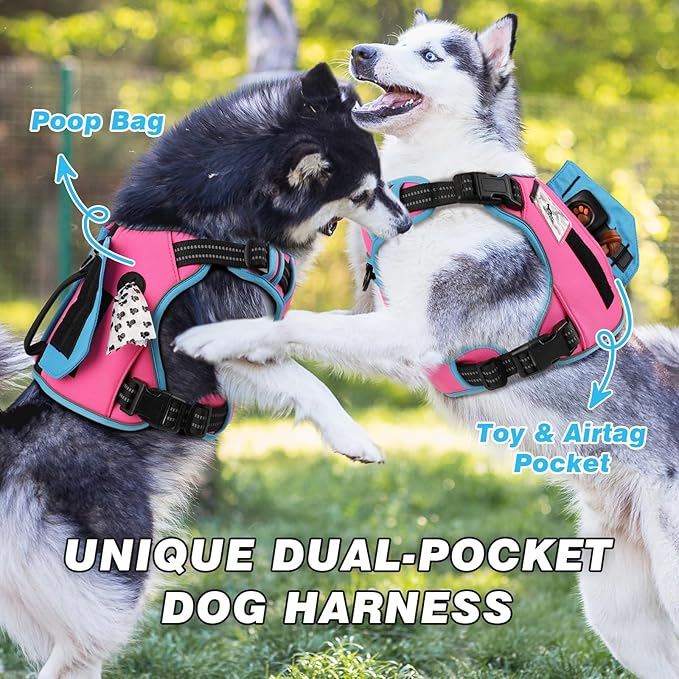 WINGOIN Tactical Dog Harness for Medium Dogs, No Pull Harness with Handle Pockets Poop Bag, Reflective Dog Vest, Military Service Heavy Duty Big Dog Harness for Walking Hiking Training, Pink Blue, M