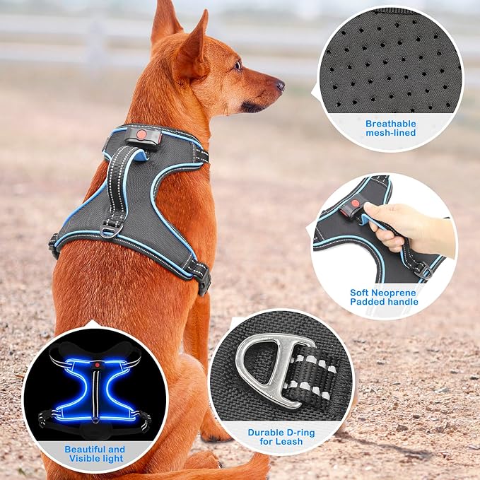 Light Up Dog Harness No Pull LED Dog Harness with Handle Vizbrite Rechargeable Lighted Dog Vest Harness for Small/Medium/Large/X-Large Size Dogs No Pull, 4 Point Adjustable Dog Harness