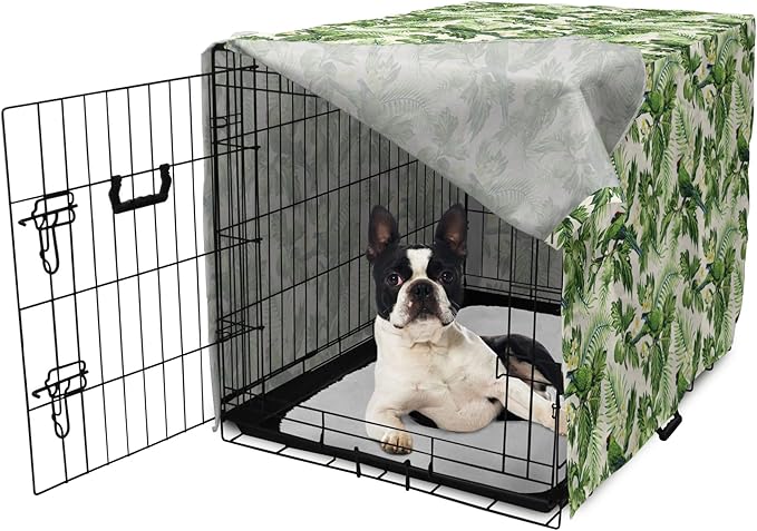 Lunarable Green Dog Crate Cover, Exotic Tropic Pattern with Palm Leaves Breadfruits Plumeria Flowers and Parrots, Easy to Use Pet Kennel Cover for Small Dogs Puppies Kittens, 22 Inch, Lime Green Cream