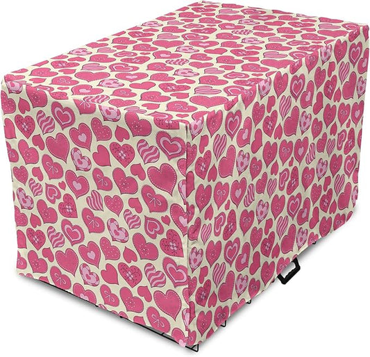 Lunarable Hearts Dog Crate Cover, Valentines Day Inspired Heart Designs with Various Styles Curved Lines Flowers Bows, Easy to Use Pet Kennel Cover for Medium Large Dogs, 48 Inch, Cream Pink