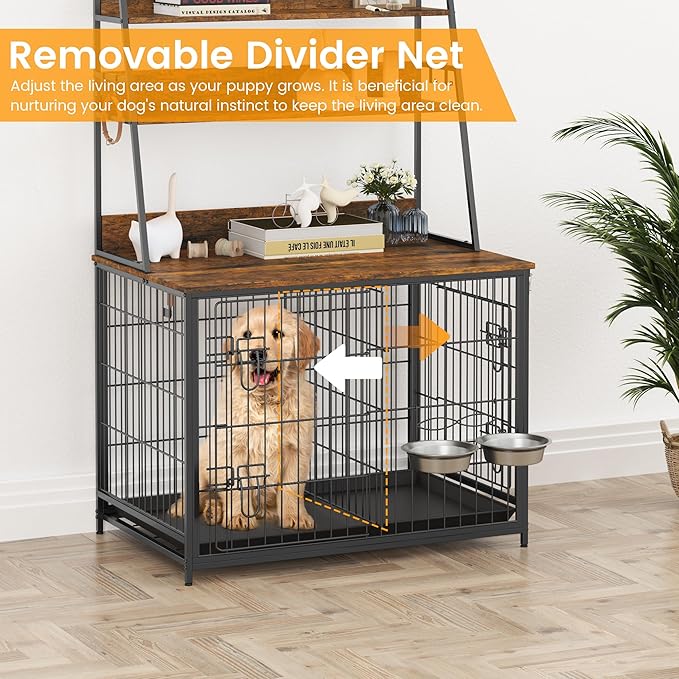 Furniture Style Dog Crate, Indoor Basic Dog Cage with 3-Layer Storage Shelves, Flip-up Top End Table Dog Cage, Dog Kennel Furniture with Adjustable Bowls, 37.4" L x 24.4" W x 57.1" H,Brown