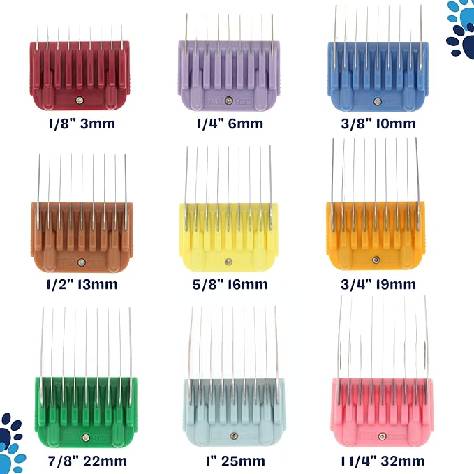 9 Piece Clipper Guard Attachment (3mm to 32mm) Set Fits for A5 Type Blades with Color Coded System | Stainless Steel Blade for Professional Dog Groomers and Stylists - Pack of Nine Sizes