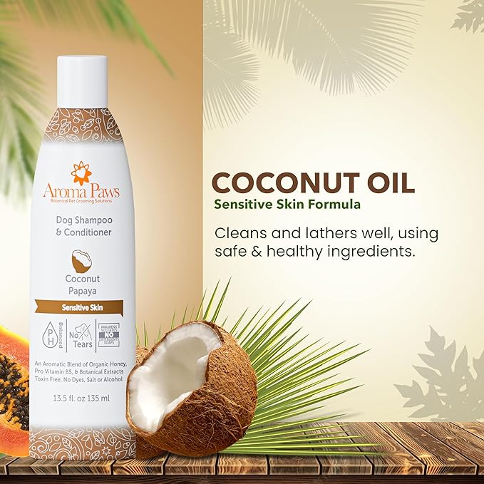 Dog Shampoo and Conditioner - Aromatic Tearless Shampoo for Cleansing, Grooming, and Conditioning Sensitive Skin - Moisturizing Shampoo for Dogs and Puppies - Coconut Papaya 13.5 oz