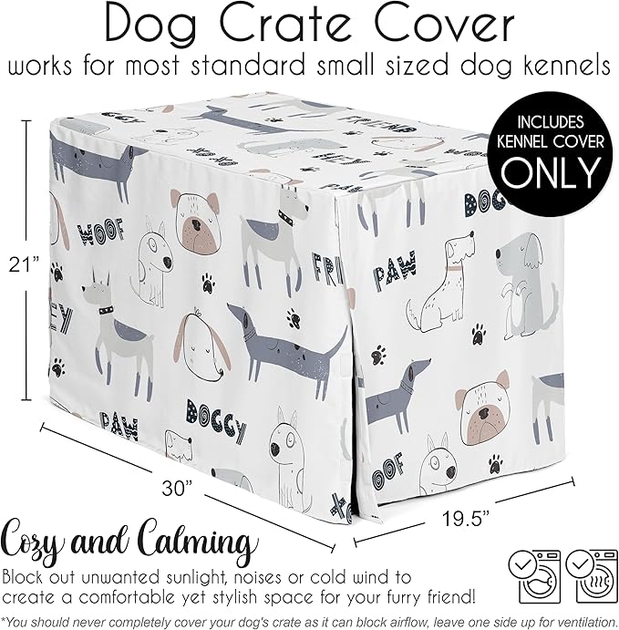 Sweet Jojo Designs 30in. Small/Medium Dog Crate Cover (Cartoon Puppy Print) Pet Cage, Kennel Covers (Neutral, Modern, Bulldog, Wiener Doggy, Paws, Whimsical, Playful, Woof, Dachshund, Blue, Taupe)