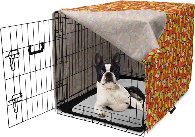 Lunarable Candy Corn Dog Crate Cover, Continuous Illustration of Cartoon Style Traditional Halloween Items, Easy to Use Pet Kennel Cover for Small Dogs Puppies Kittens, 22 Inch, Vermilion Mustard