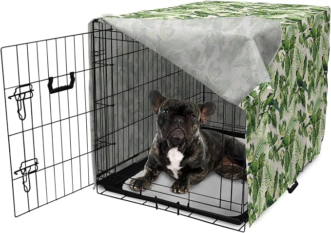 Lunarable Green Dog Crate Cover, Exotic Tropic Pattern with Palm Leaves Breadfruits Plumeria Flowers and Parrots, Easy to Use Pet Kennel Cover for Cats & Medium Dogs, 24 Inch, Lime Green Cream