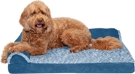 Furhaven Orthopedic Dog Bed for Large/Medium Dogs w/ Removable Bolsters & Washable Cover, For Dogs Up to 55 lbs - Two-Tone Plush Faux Fur & Suede L Shaped Chaise - Marine Blue, Large