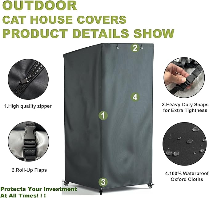 Outdoor Cat House Cover, Extremely Waterproof Feral Cattery Cat Cover, Cat Enclosure Cover, 600 D Heavy Duty Rain Sheet , 32x32x71 in (Cover only) Grey, Mx-1869-B