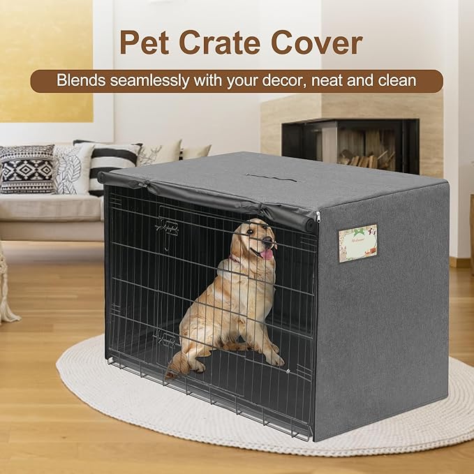 HiCaptain 24 inches Dog Crate Cover with ID Card Pocket, Heavy Duty Polyester Windproof Pet Kennel Cover Universal Fit for 1 or 2 Doors Standard Wire Crate (Grey)