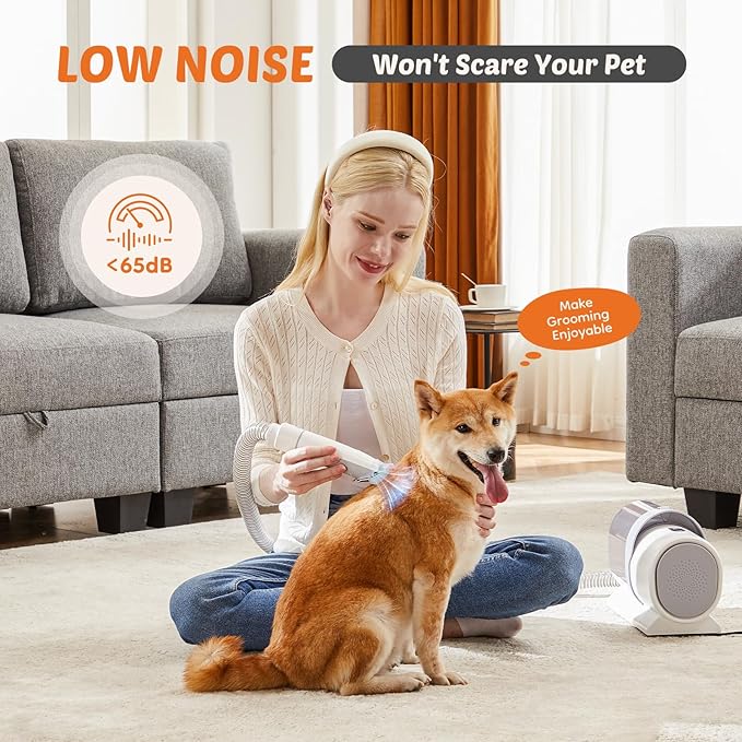 Pet Grooming Vacuum Kit, Hair Vacuum with Cordless Clippers with Capacity, Low Noise Operation, 3 Suction Modes, and 5 Essential Grooming Tools for Dogs and Cats