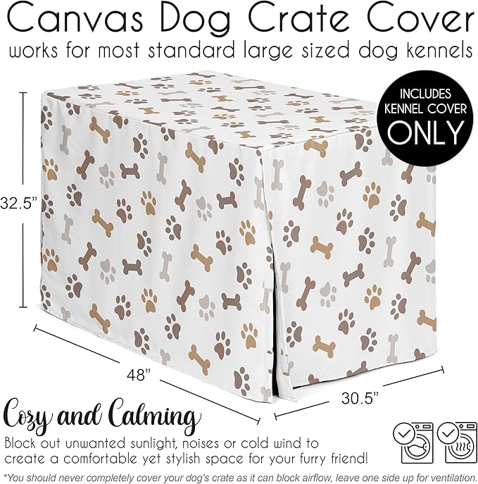 Sweet Jojo Designs Bone Paw Print Dog Crate Cover – Kennel Covers for 48 Inch Pet Cage Large - Neutral Grey Taupe Brown Modern Off White Gray Tan Puppy