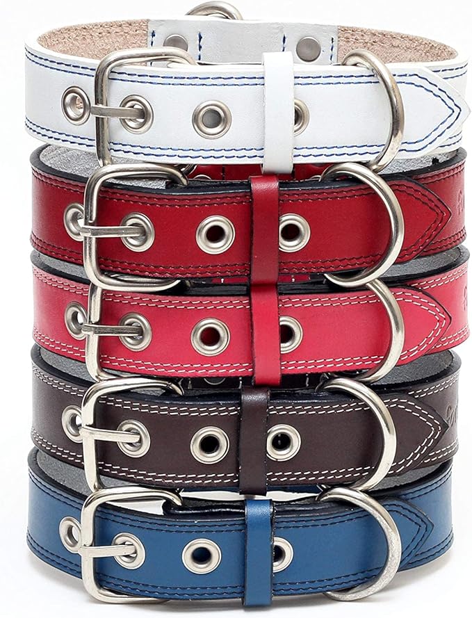 Genuine Leather Dog Collars with Stainless Steel Buckle and Double D Rings– Unbreakable! (15"-18", Tan)