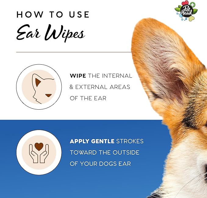 Pet Head Health Ear Wipes for Cats and Dogs | Fragrance-Free | Cleans, Deodorizes and Moisturizes | Removes Dirt, Wax, Discharge, and Debris | Biodegradable and Plant-Based Dog Ear Cleaner | 30 Wipes