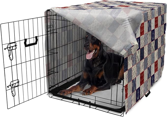 Lunarable Geometric Dog Crate Cover, Checkered Pattern Pale Nautical Design Elements Grunge Effect, Easy to Use Pet Kennel Cover for Medium Large Dogs, 42 Inch, Navy Blue Beige