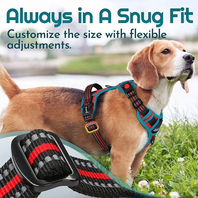 Eagloo Dog Harness Medium Sized, Easy Wearing with 3 Buckles, Adjustable No Pull Pet Harness with 2 Rings for Walking, No Chock Reflective Soft Padded Vest with Control Handle, Red & Teal, M