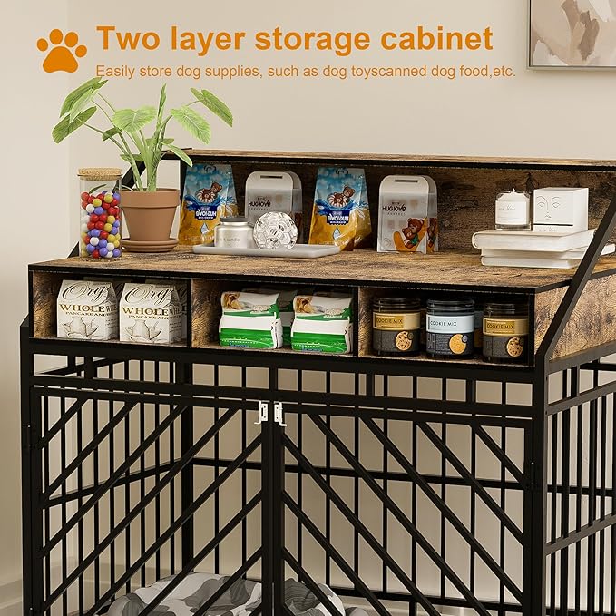 KEIKI 43" Large Dog Crate End Table, Wooden Heavy Duty Crate with Divider, Rustic Brown Indoor Furniture for Large Dogs (43.3" L x 27.6" W x 42.5" H)