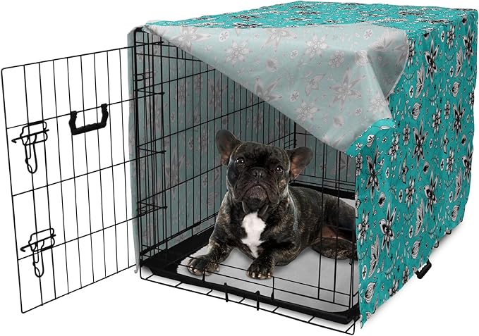 Lunarable Flower Dog Crate Cover, Abstract Monochrome Floral with Botanical Items, Easy to Use Pet Kennel Cover for Cats & Medium Dogs, 24 Inch, Seafoam Grey