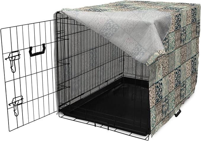 Lunarable Geometric Dog Crate Cover, Antique Mosaic with Victorian Garden Motifs Damask and Scroll Flower, Easy to Use Pet Kennel Cover for Small Dogs Puppies Kittens, 22 Inch, Seafoam Brown Dark Blue