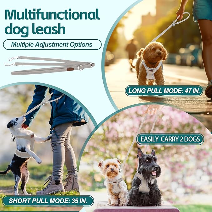 Dog Harness with Multifunction Dog Leash,No Pull Reflective Step-in Harness for Soft Adjustable No Choke Escape Proof,Easy Walk Dog Harness for Medium Dogs (Beige &Grey, M)