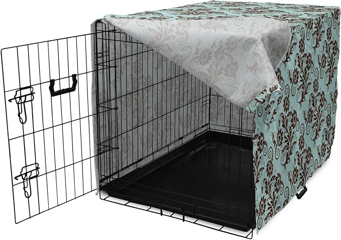 Ambesonne Art Nouveau Dog Crate Cover, Vintage Swirls Vibrant Foliage Damask Style Classic Renaissance, Easy to Use Pet Kennel Cover for Medium Large Dogs, 48 Inch, Seal Brown and Pale Blue
