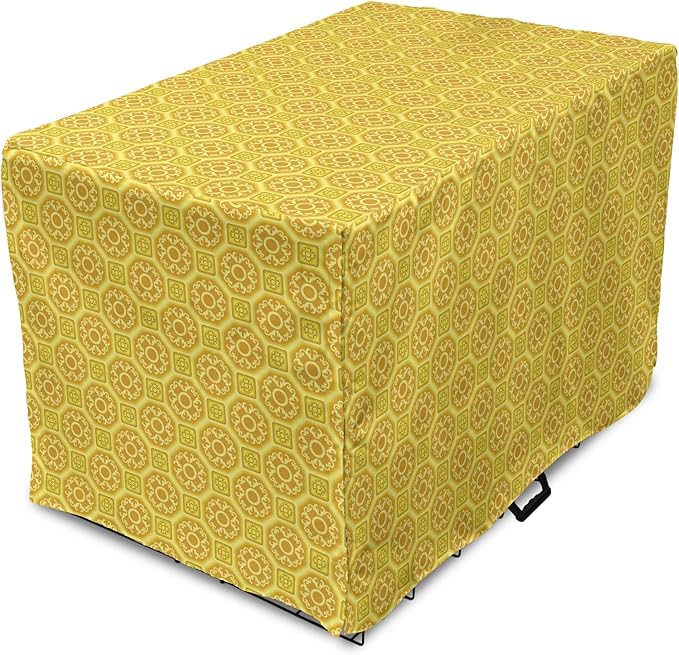 Lunarable Mustard Dog Crate Cover, Exotic Ornate Style Baroque Inspired Tiles Portuguese Culture Design Print, Easy to Use Pet Kennel Cover for Medium Large Dogs, 48 Inch, Earth Yellow