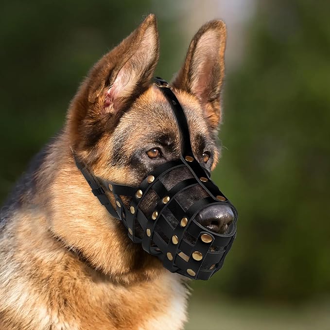 OOPSDOGGY German Shepherd Dog Muzzle for Large Dogs - Leather Breathable Secure Basket Muzzle for Large Breeds Prevents Biting No Chewing Adjustable (Black, Size 7 - German Shepherd)