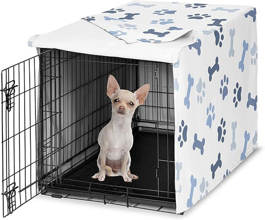 Sweet Jojo Designs 24in. Small Dog Crate Cover (Bones and Paw Prints) for Boys Pet Cage, Kennel Covers (Modern, Cartoon, Doggy, Puppy, Neutral, Paws Print, Whimsical, Slate Navy Blue and Off White)