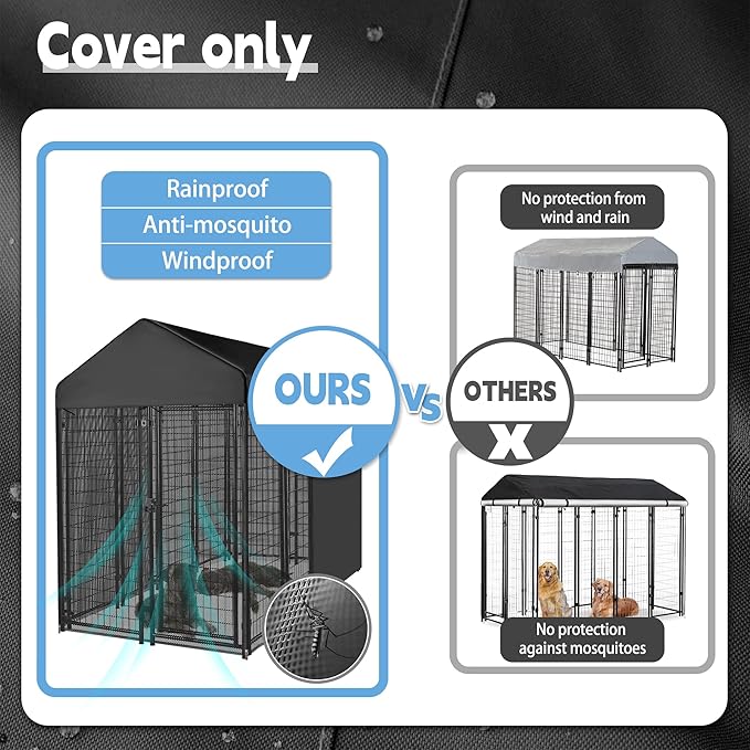 Outdoor Dog Kennel Cover Black for 8'Dx4'W 600D Waterproof and Durable Dog Crate Cover with Mesh Breathable Good Observation（Cover Only）