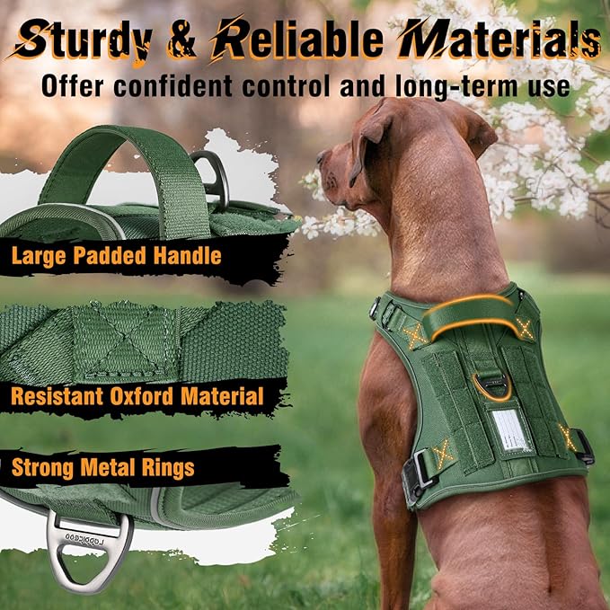 rabbitgoo Dog Harness Medium Sized No Pull, Tactical Service Dog Vest with Molle and Control Handle, Adjustable and Reflective Military Pet Harness for Easy Walking and Training, Green, M