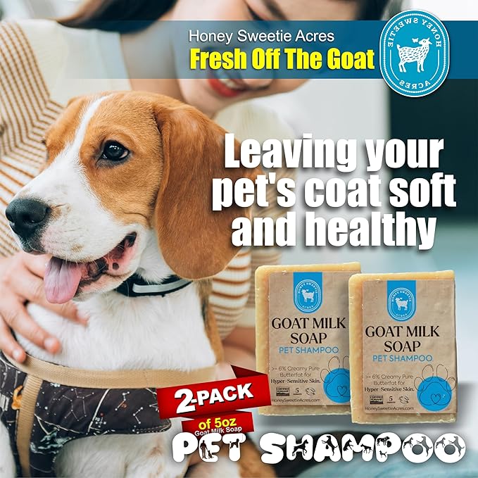 Honey Sweetie Acres 2-Pack All-Natural Pet Shampoo Bar with Fresh Goat Milk - Moisturizing Relief for Dry, Itchy Skin - Leaves A Fresh, Clean Scent - Eliminate Dirty Pet Odor, 5 oz Bar (2 Count)