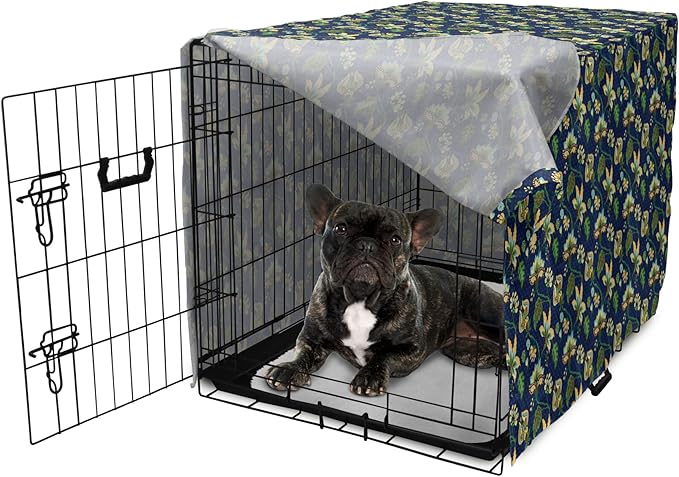 Lunarable Jacobean Dog Crate Cover, Triangles with Floral Pattern Stalks Leaves Flowers Whimsical Nature, Easy to Use Pet Kennel Cover for Cats & Medium Dogs, 24 Inch, Dark Blue Green Mustard