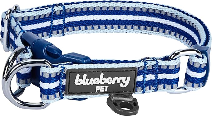 Blueberry Pet 3M Reflective Dog Collars | Adjustable Dog Collar w/Multi-Colored Stripe - Blue and White | Nylon Pet Collars for Dogs & Refflective Dog Collar for Small Dogs