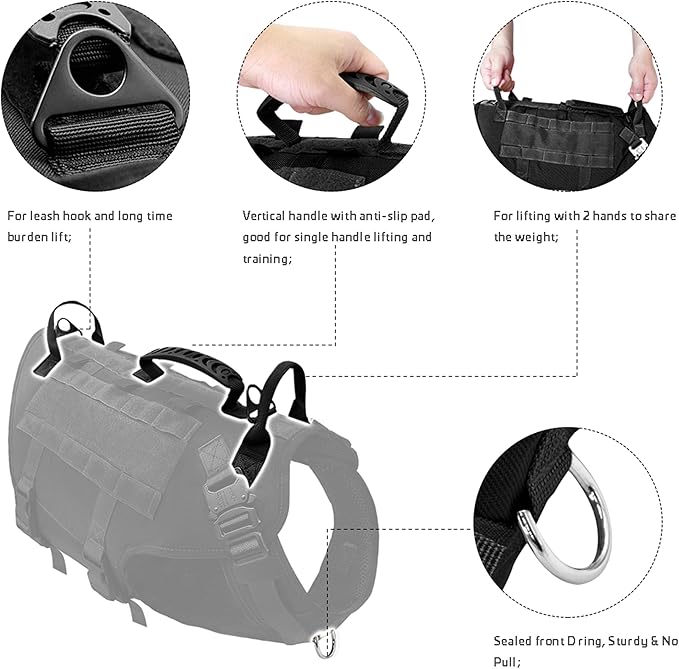 PET ARTIST Tactical Dog Harness for Hiking Training, No Pull Vest Harness for Medium Large Dogs, with Pouches and Patches Black, L