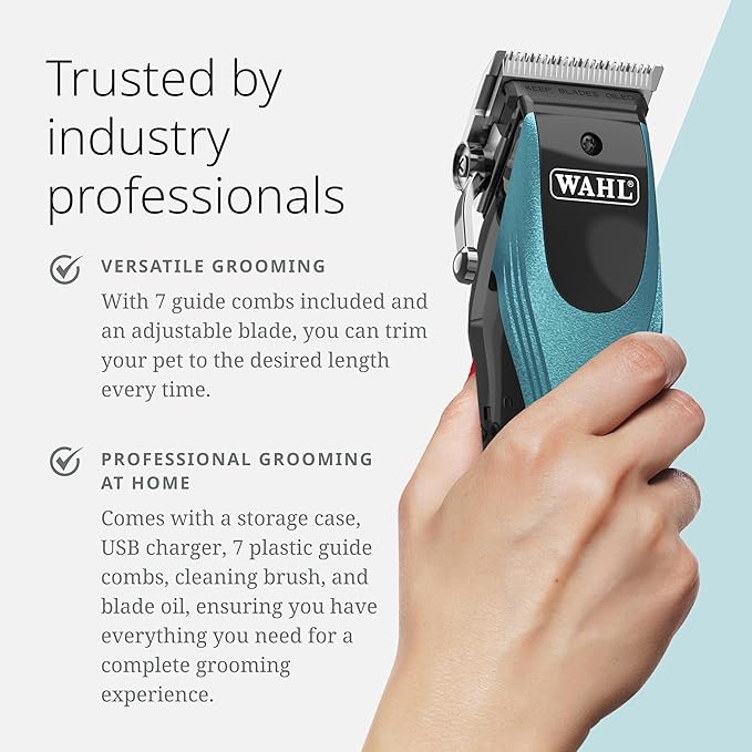 Wahl Pro Animal Groom Lite Pet Clipper - Cordless & USB Charging - Adjustable Blades - Professional Grooming Kit for Dogs, Cats & Small Pets - Black/Metallic Blue