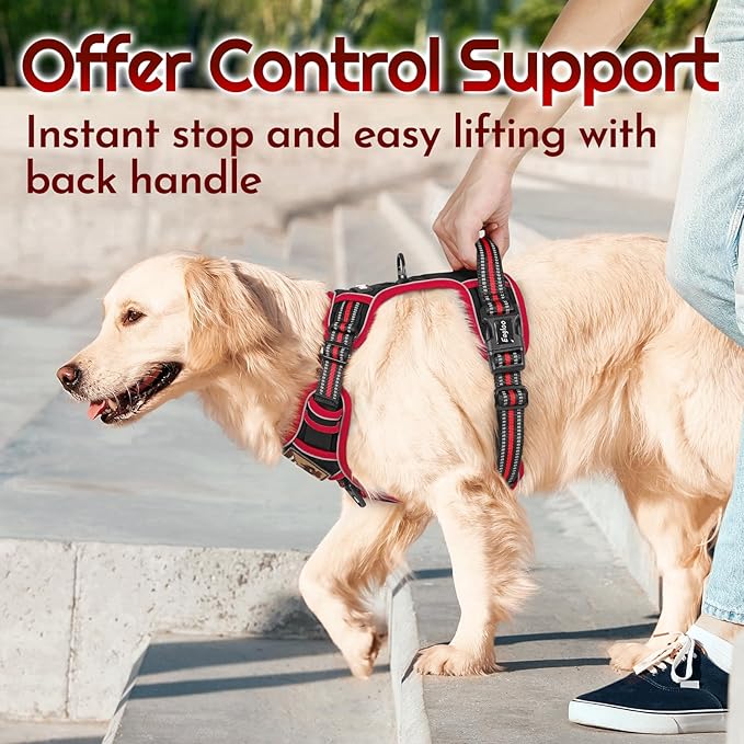 Eagloo Dog Harness Medium Sized, Easy Wearing with 3 Buckles, Adjustable No Pull Pet Harness with 2 Rings for Walking, No Chock Reflective Soft Padded Vest with Control Handle, Black & Red, M