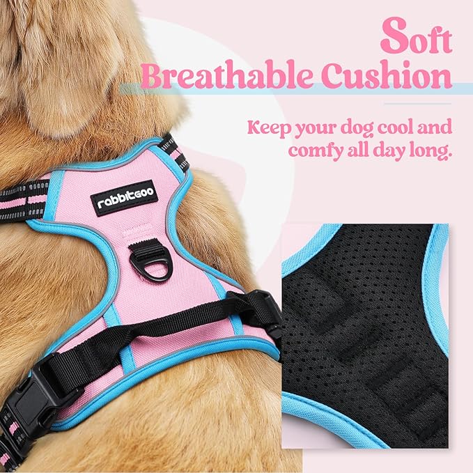 rabbitgoo Dog Harness, No-Pull Pet Harness with 2 Leash Clips, Adjustable Soft Padded Dog Vest, Reflective No-Choke Pet Oxford Vest with Easy Control Handle for Large Dogs, Pink & Blue, S