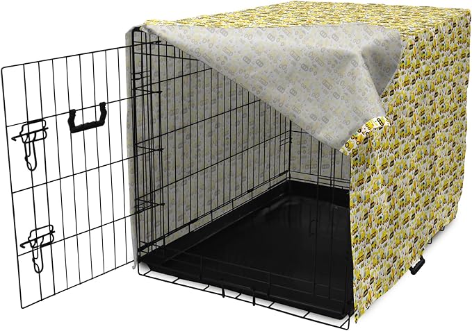 Lunarable Cartoon Dog Crate Cover, Construction Vehicles Style Machines Safety Building Theme, Easy to Use Pet Kennel Cover for Medium Large Dogs, 42 Inch, Yellow White Black