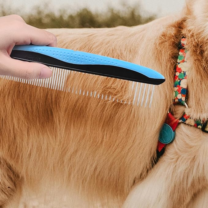 Pet Comb for Dogs and Cats - 2-in-1 Design with Wide & Narrow Teeth, Stainless Steel Round Ends for Safe Detangling, Non-Slip Handle, Removes Knots, Mats, Tangles, and Loose Fur