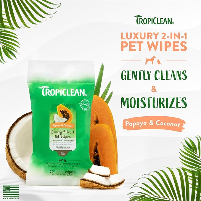 TropiClean Dog Wipes for Paws, Butt, Face, and Body, Anytime Cleaning and Deodorizing Pet Wipes, Safe for Licking, Papaya Scent, Cat Safe, 20ct