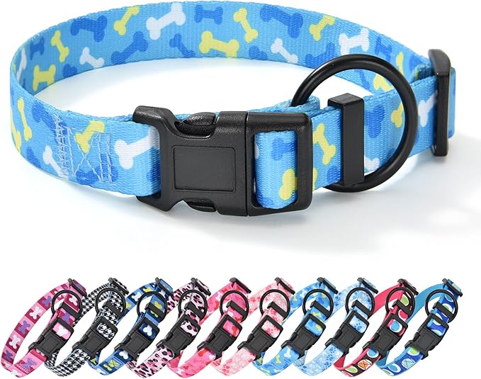 Mile High Life Dog Collar | Nylon Puppy Collars w Cute Patterns | Lightweight Girl Dog Collar | Boy Dog Collar for Small/Medium/Large Dogs (Sky Blue Bone, Medium)