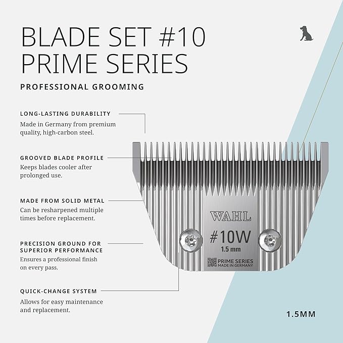 WAHL Pro Animal Wide Prime Series Blades - Professional Fine Tooth Pet Clipper for Horse, Cat & Dog Grooming - Made from High-Carbon Steel - #10W, 1.5mm