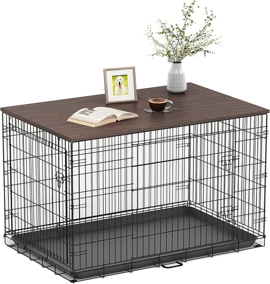 Piskyet Dog Crate Topper Wood Countertop for 48 42 36 30 24 inch Dog Cage, Dog Crate Cover,Dog Kennel Topper, 30" Walnut(Crate Not Include)