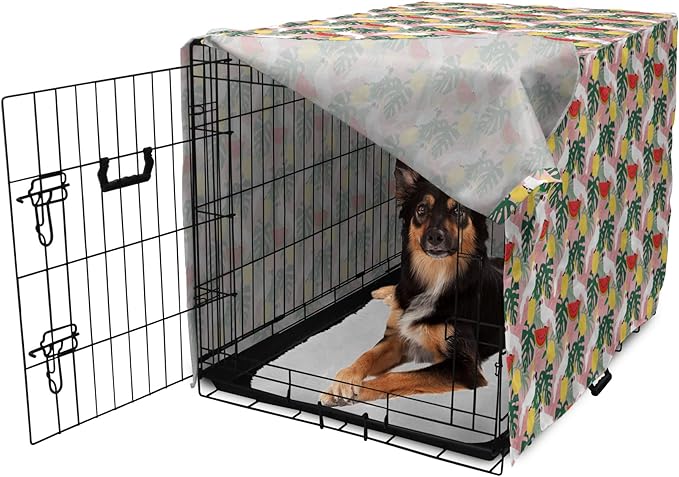 Ambesonne Summer Dog Crate Cover, Cockatoo Parrot in Exotic Forest Watermelon Slices Monstera Lemons Pattern, Easy to Use Pet Kennel Cover for Medium Large Dogs, 36 Inch, Rose and Multicolor