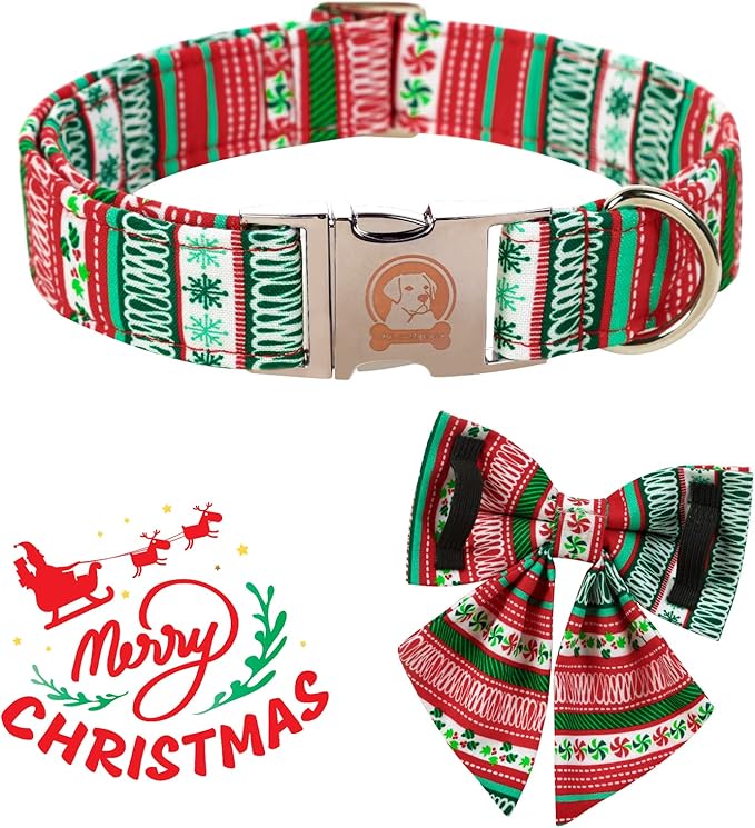 MR. CHUBBYFACE Christmas Plaid Dog Collar for Boy Girl Dogs Adjustable Red Green Dog Collar Sailor Bow tie for Small Medium Large Dogs
