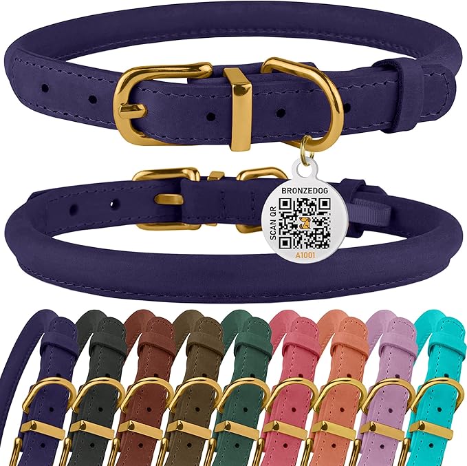 BRONZEDOG Rolled Leather Dog Collar with QR ID Tag Adjustable Soft Round Collars for Small Medium Large Dogs Puppy Cat (9" - 11" Neck Size, Violet)