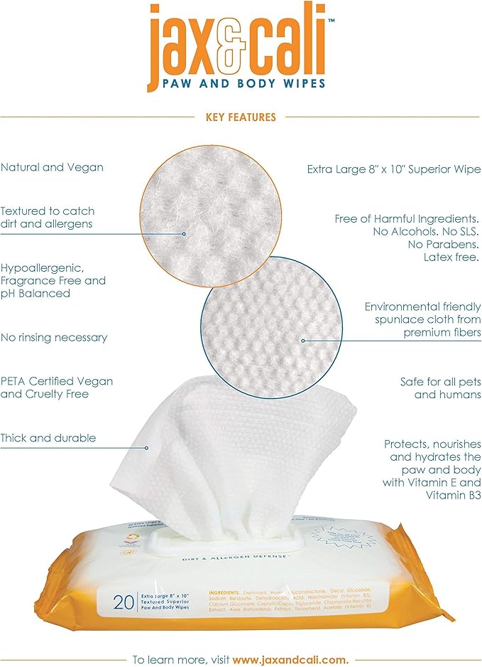 JAX & CALI All Natural Pet Toothbrush Wipes & Extra Large Paw and Body Wipes